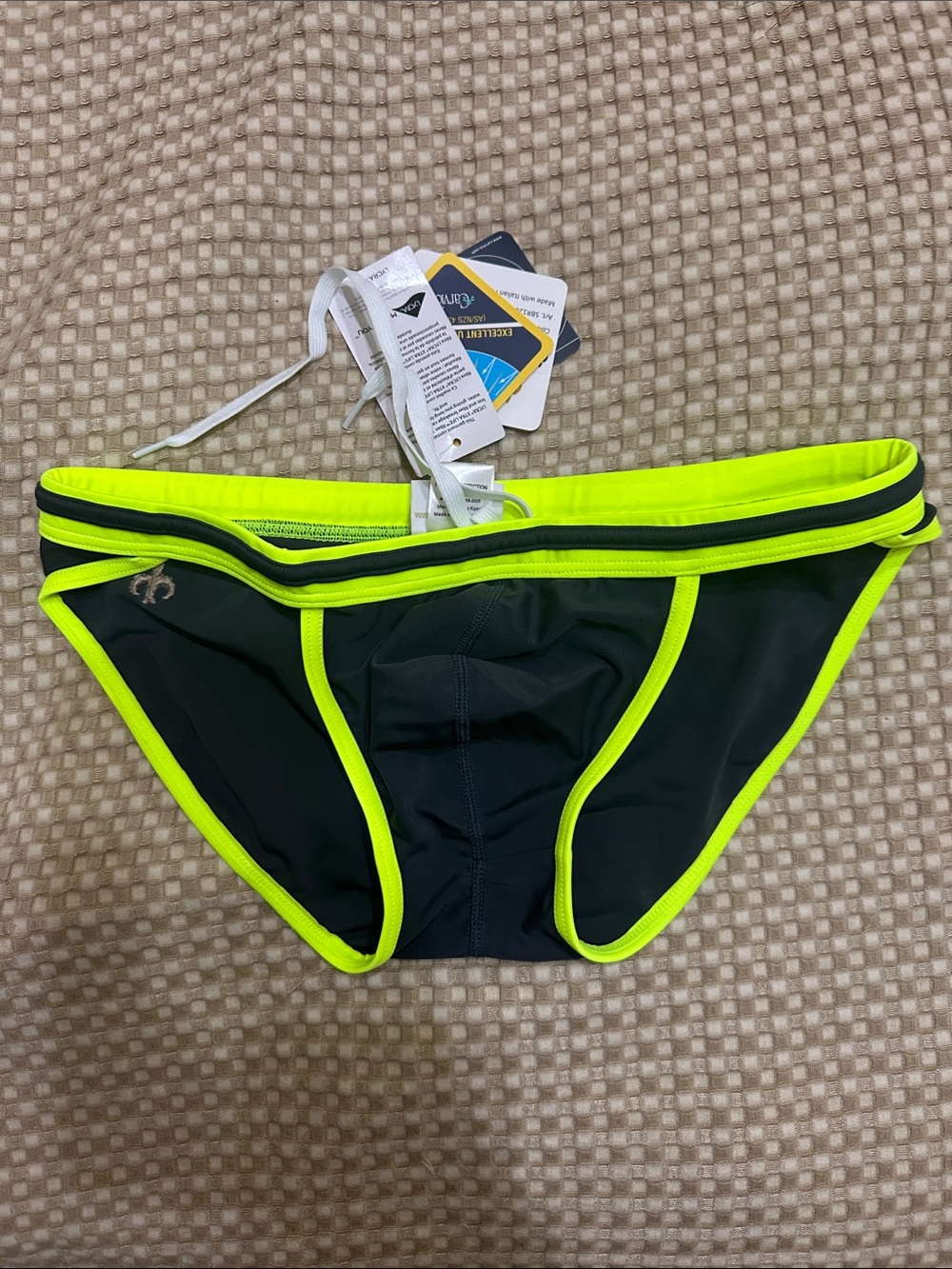 Marcuse Iconic Navy Blue Men's Swim Brief with neon yellow Trim